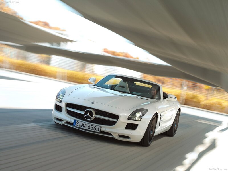 White Mercedes-Benz SLS AMG driving