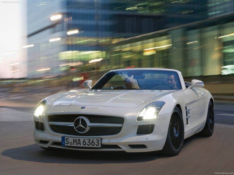 White Mercedes-Benz SLS AMG driving
