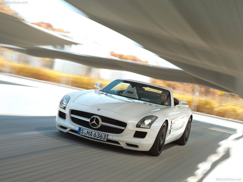 White Mercedes-Benz SLS AMG driving