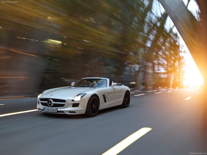 White Mercedes-Benz SLS AMG driving