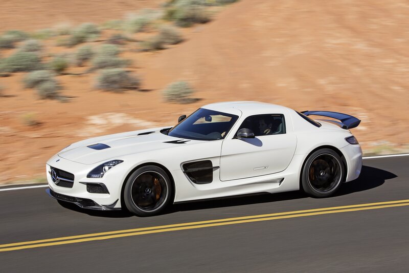 White Mercedes-Benz SLS AMG in motion