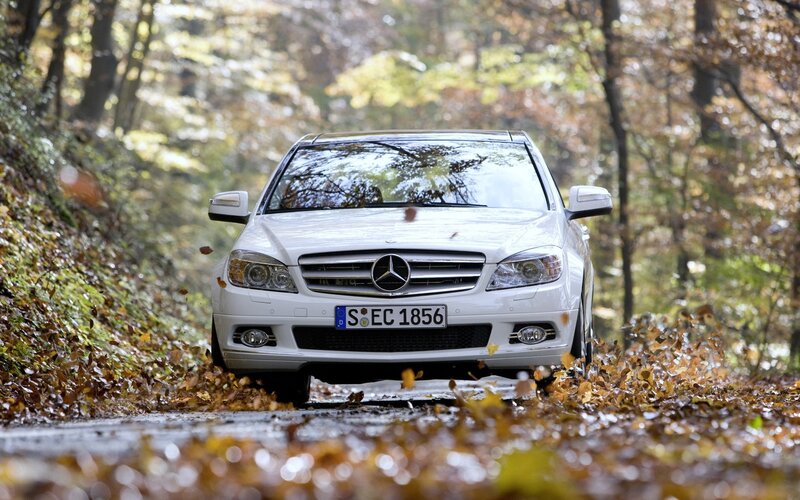White Mercedes on autumn road