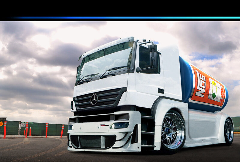 white mercedes truck with nos tank