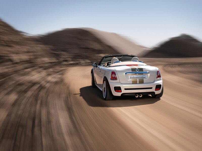 White MINI convertible on desert road