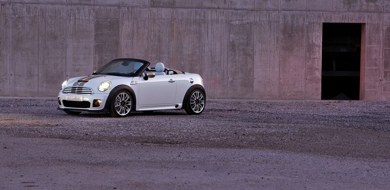White Mini Cooper Convertible — Dramatic, Sunset
