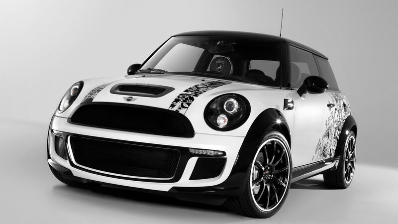 white mini cooper with decals