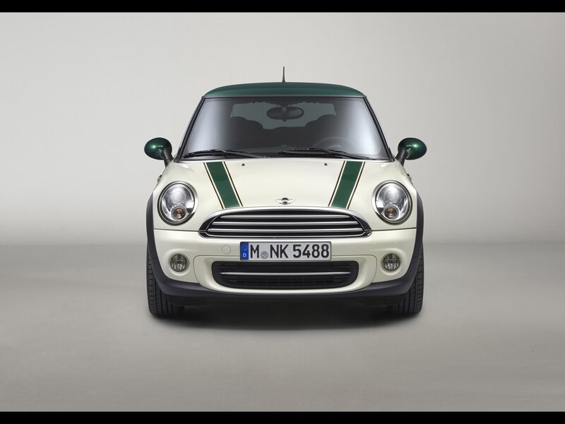 white mini cooper with green stripes