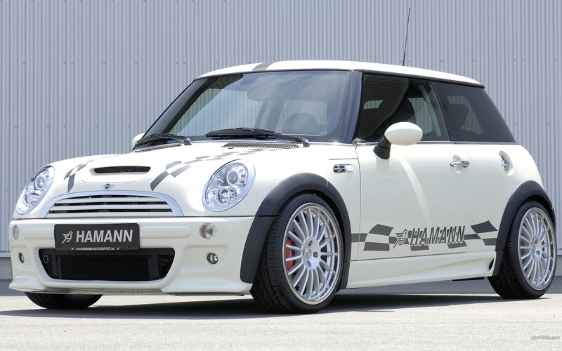 white mini cooper with hamann branding