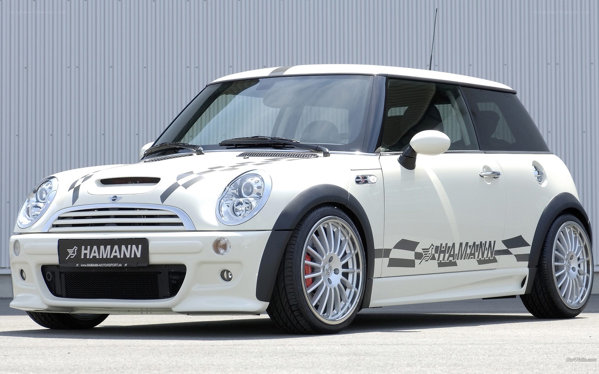 white mini cooper with hamann branding