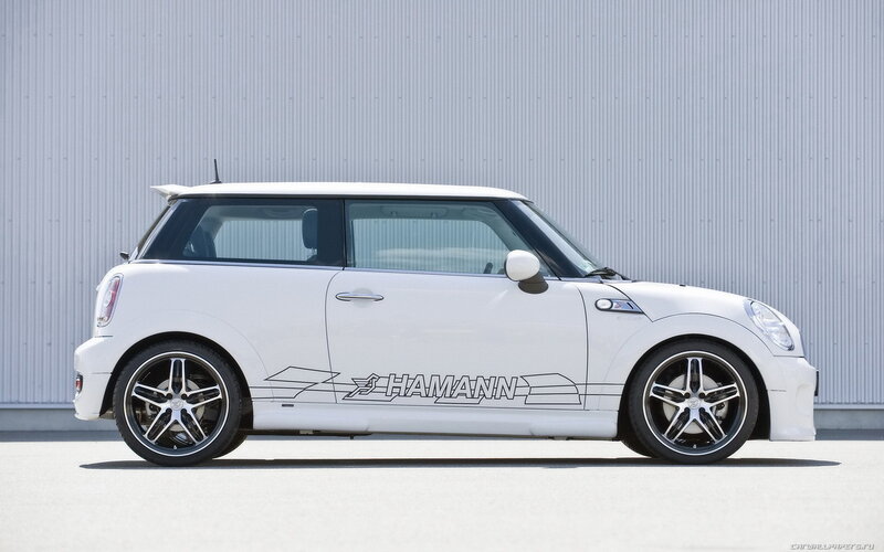 white mini cooper with hamann decals