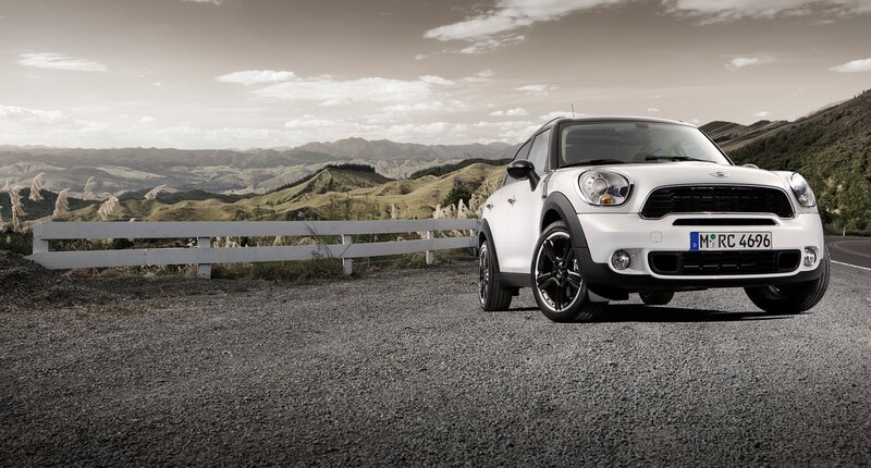 White MINI Countryman on a scenic road