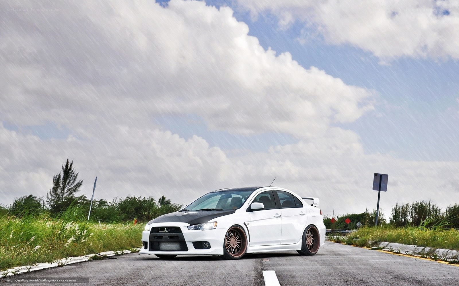 white mitsubishi in rain