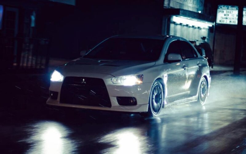 White Mitsubishi Lancer — Dramatic, Night, Photograph, Car, Street