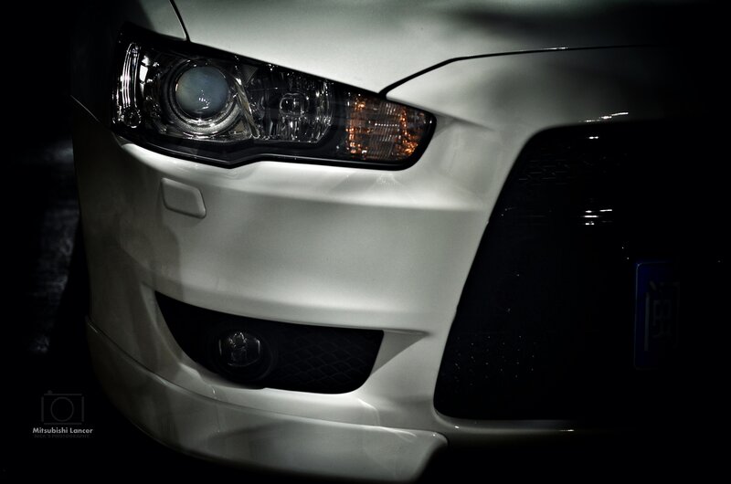 White Mitsubishi Lancer — Dramatic, Night, Photograph, Headlight