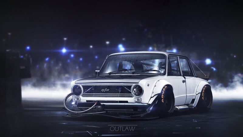 White Modified Car — Dramatic, Night, Digital Art, Smoke