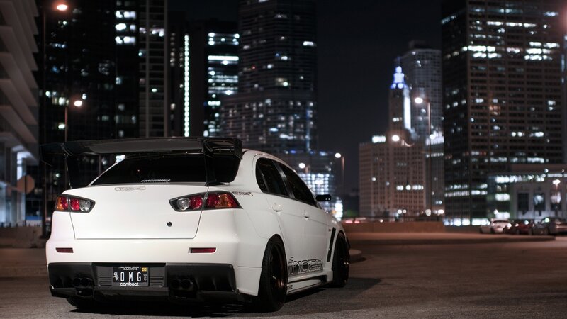 White Modified Car — Dramatic, Night, Photograph, City Skyline