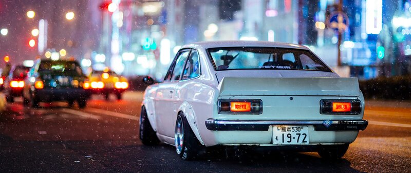 White Modified Car — Dramatic, Night, Photograph, City Street