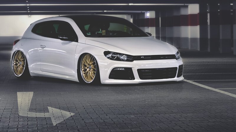 White Modified Car — Dramatic, Night, Photograph, Gold Wheels