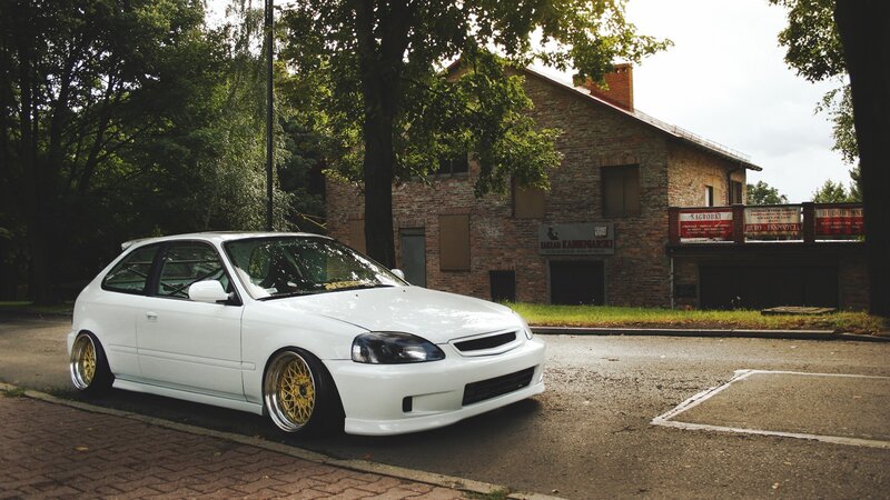 White Modified Hatchback — Calm, Afternoon, Photograph, Car
