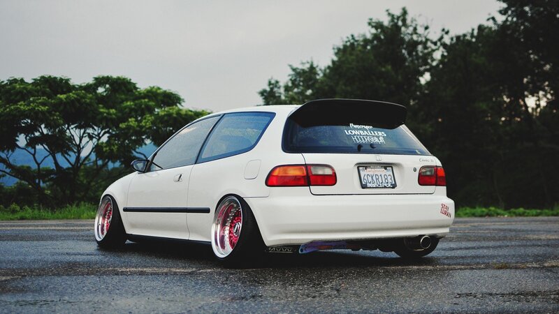 White Modified Hatchback — Calm, Afternoon, Photograph, Trees, Road