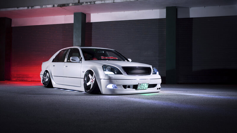 White Modified Sedan — Dramatic, Night, Photograph, Car, Garage