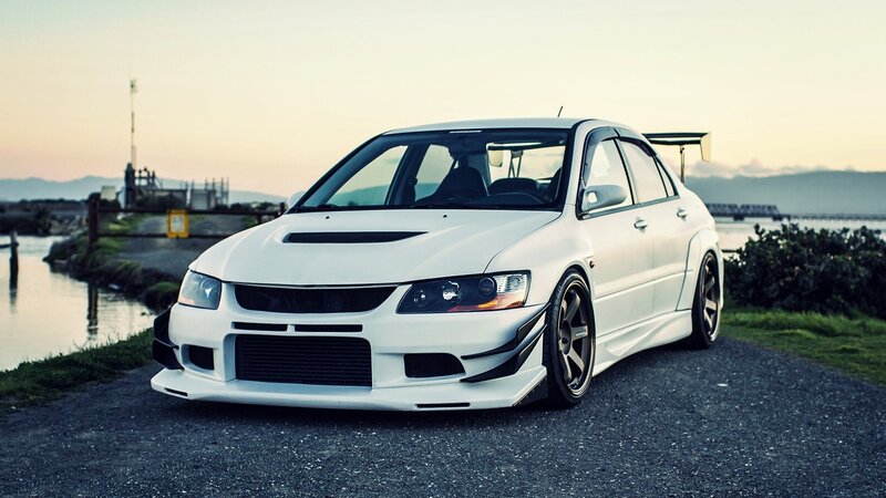 White Modified Sedan — Dramatic, Sunset, Photograph, Car, Road, Water