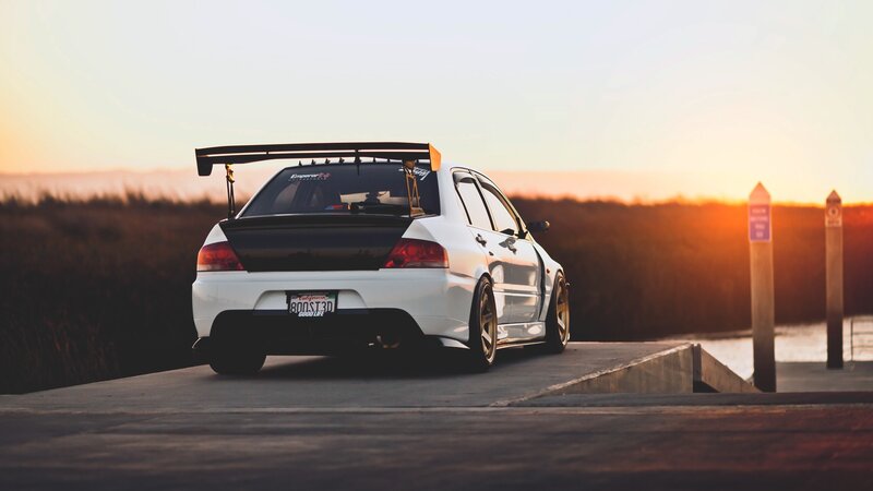 White Modified Sedan — Dramatic, Sunset, Photograph, Dock