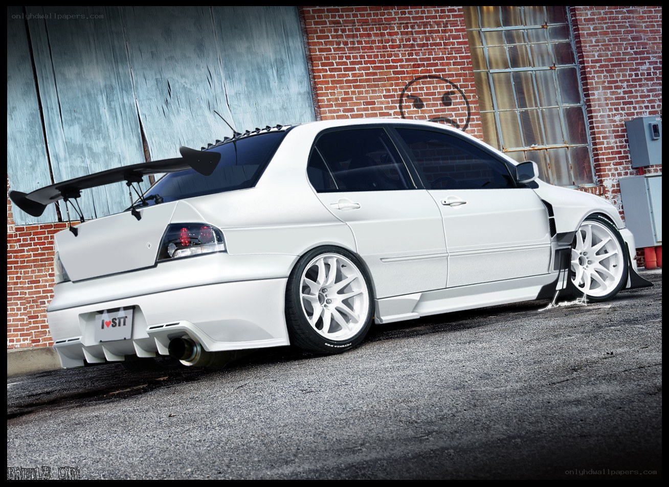 white modified sedan with rear wing