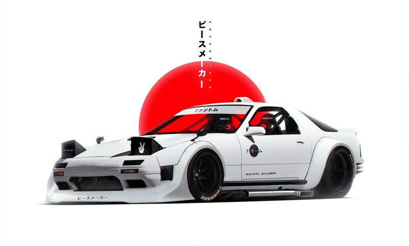 White Modified Sports Car — Dramatic, Digital Art, Red Sun
