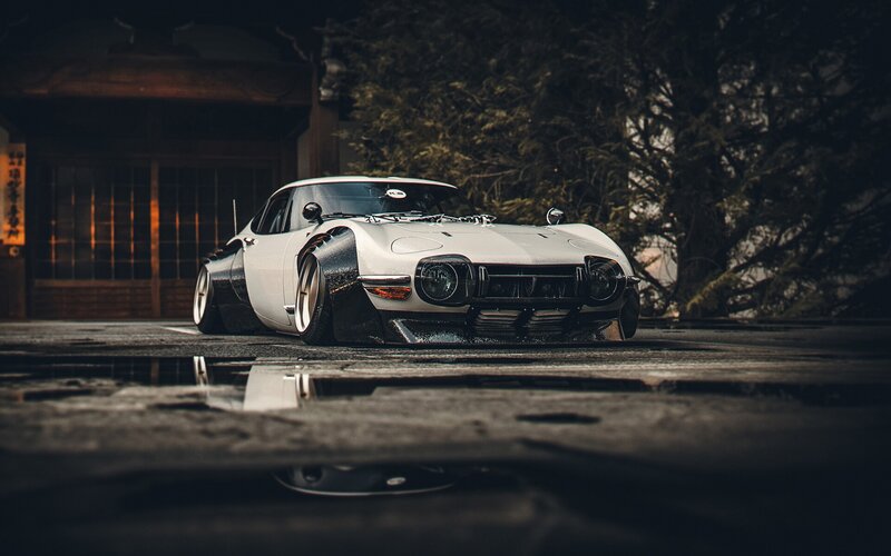 White Modified Sports Car — Dramatic, Night, Photograph, Puddle