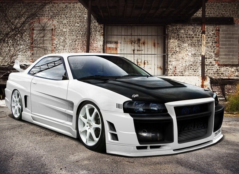 White Modified Sports Car — Dramatic, Photograph, Brick Wall