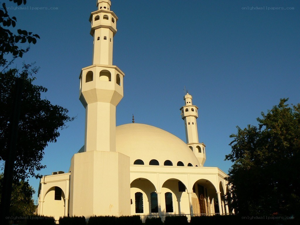 White mosque with domes and minarets