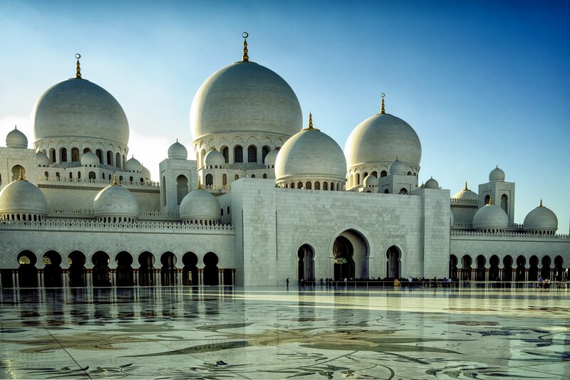 White Mosque with Domes — Serene, Afternoon, Photograph, Arches