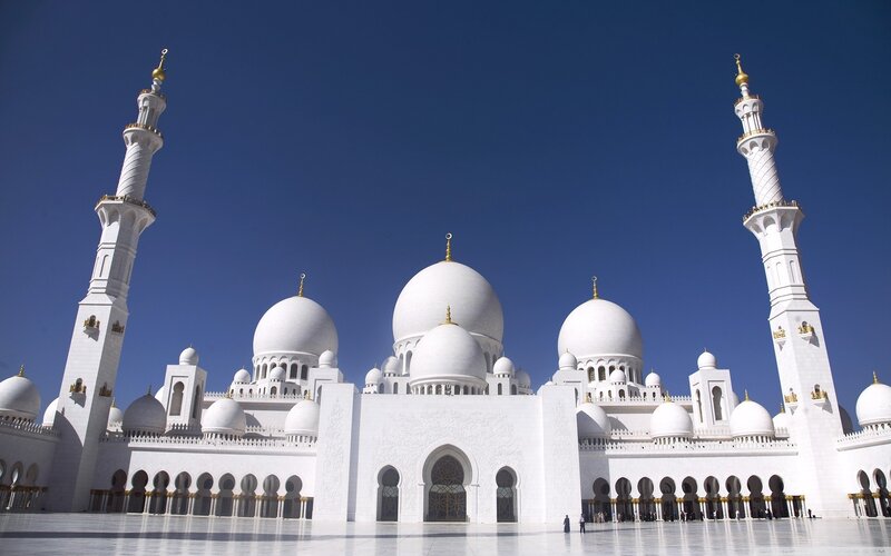 White Mosque with Domes — Serene, Afternoon, Photograph, Dome, Minaret, Blue Sky