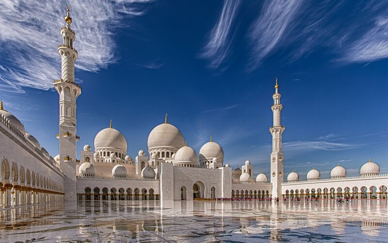 White Mosque with Domes — Serene, Afternoon, Photograph, Dome, Minaret, Courtyard