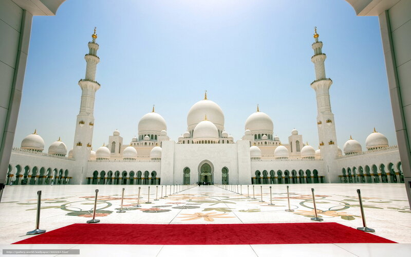 White Mosque with Domes — Serene, Afternoon, Photograph, Dome, Minaret, Red Carpet