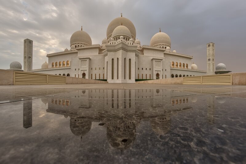 White Mosque with Domes — Serene, Morning, Photograph