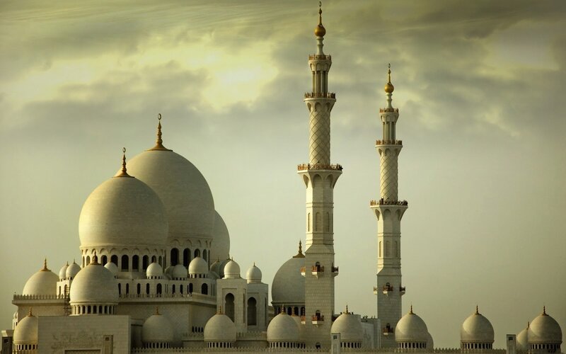 White Mosque with Domes — Serene, Sunset, Photograph