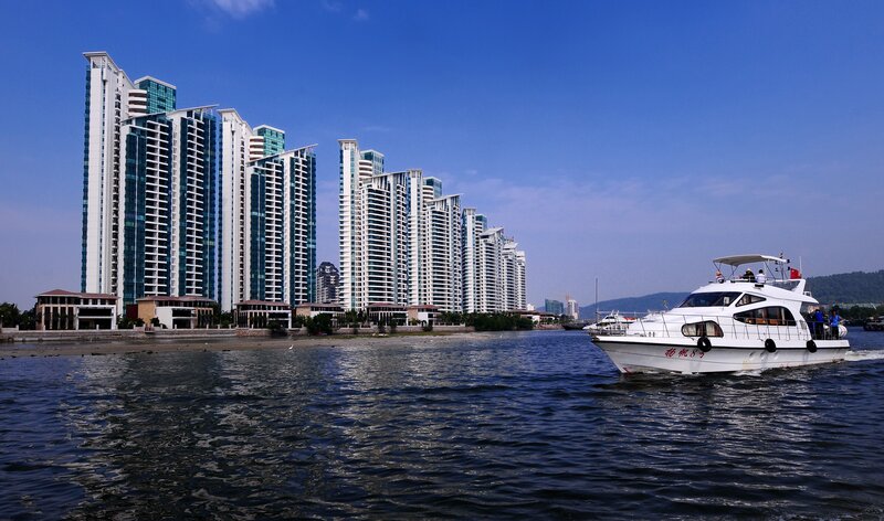 White Motorboat on Water — Blue, Serene