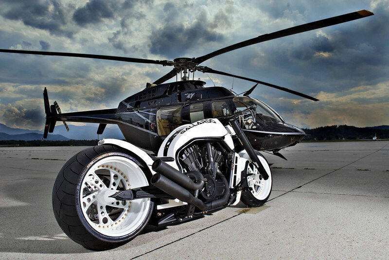White Motorcycle and Helicopter