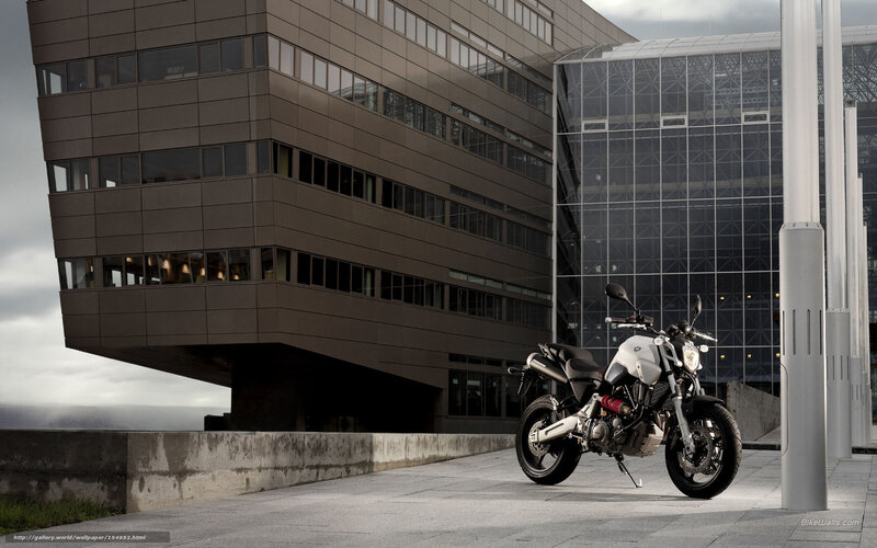 White motorcycle in front of modern building