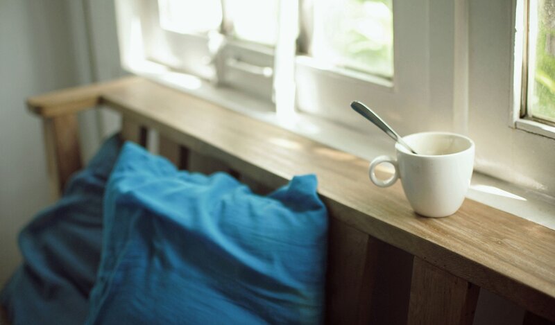 White Mug on Windowsill — Blue