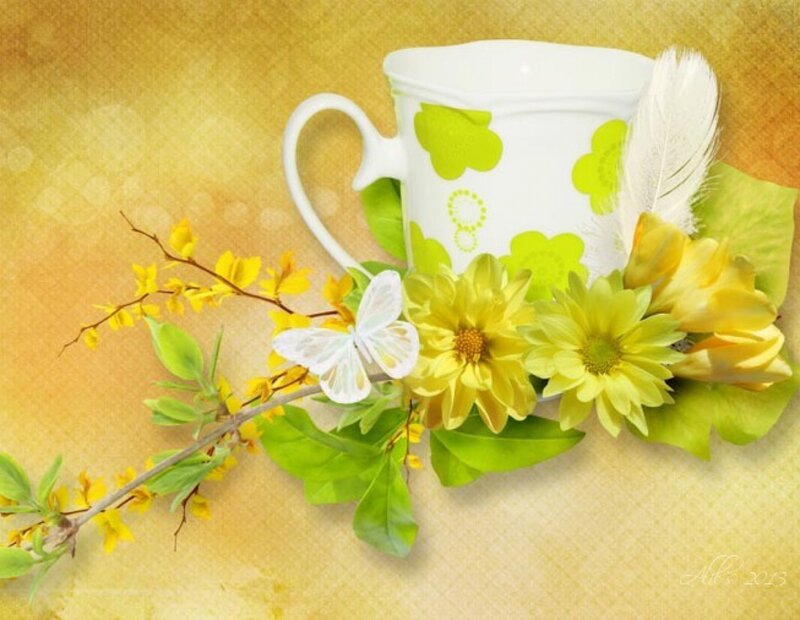 White Mug with Flowers — Yellow