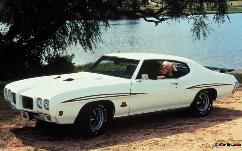 White muscle car by a lake