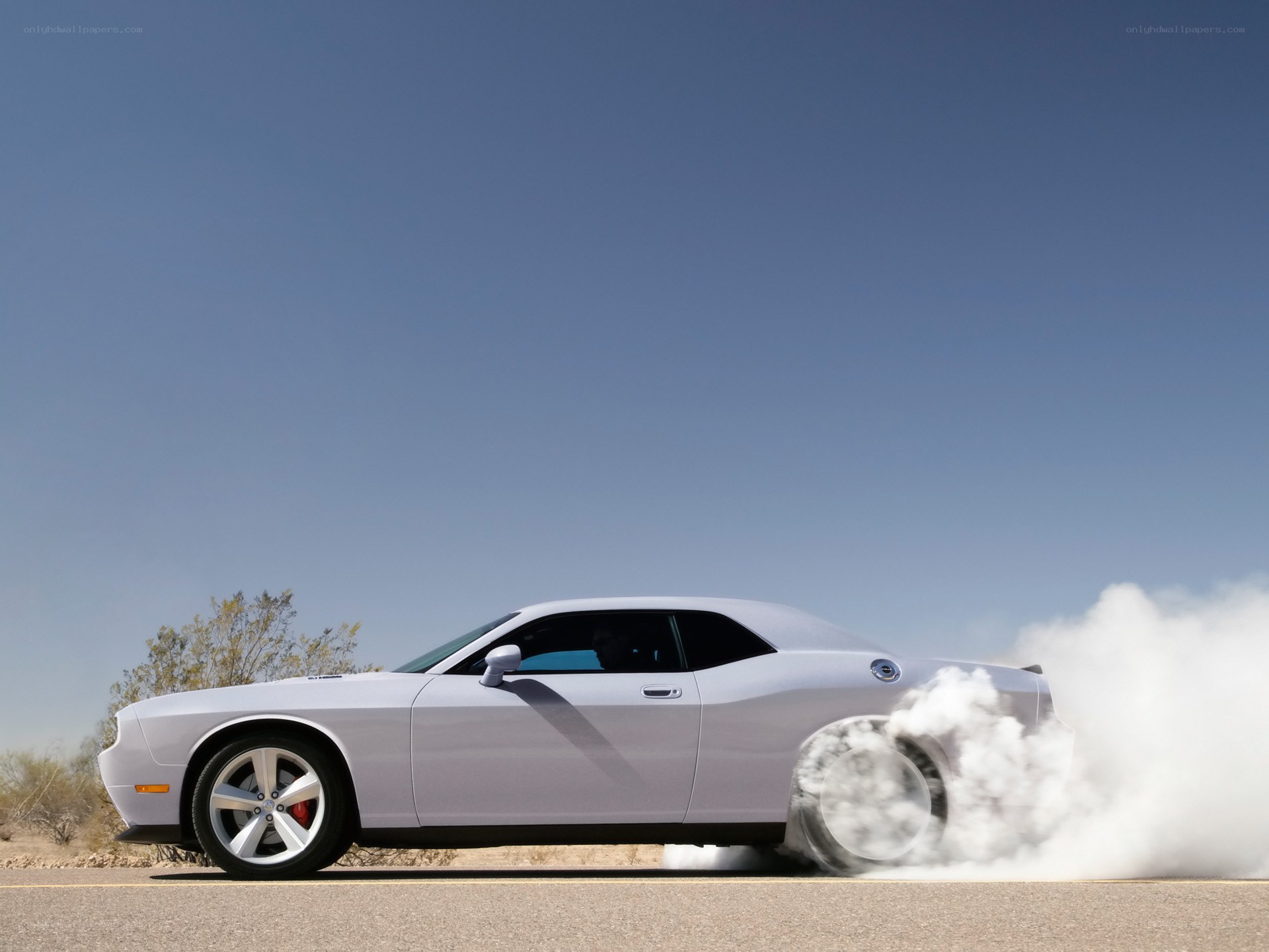 White muscle car doing burnout