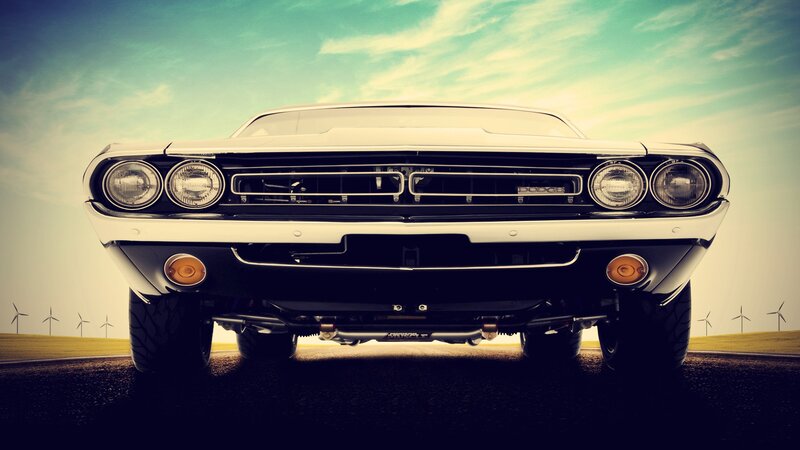 White Muscle Car — Dramatic, Afternoon, Photograph, Wind Turbines