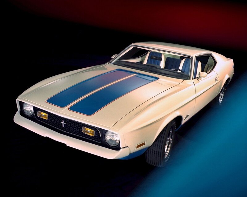 White Muscle Car — Dramatic, Photograph, Blue Stripes
