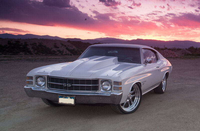 White Muscle Car — Dramatic, Sunset, Photograph, Mountains