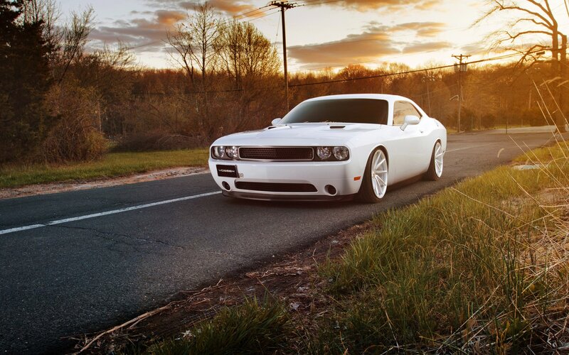 White Muscle Car — Dramatic, Sunset, Photograph, Road