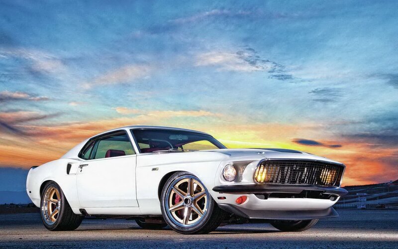 White Muscle Car — Dramatic, Sunset, Photograph, Sky